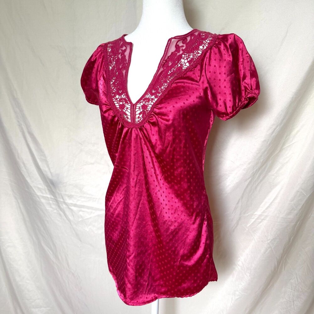Vtg y2k Charlotte Russe blouse womens S pink lace trim puff sleeve coquette